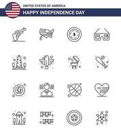 Group of 16 Lines Set for Independence day of United States of America such as sight landmark american usa glasses Editable USA Day Vector Design Elements