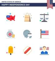 USA Happy Independence DayPictogram Set of 9 Simple Flats of football american court money dollar Editable USA Day Vector Design Elements