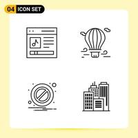 4 íconos creativos para el diseño moderno de sitios web y aplicaciones móviles receptivas. 4 signos de símbolos de contorno sobre fondo blanco. Paquete de 4 iconos. vector