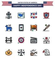 Pack of 16 USA Independence Day Celebration Flat Filled Lines Signs and 4th July Symbols such as political donkey buntings shield american Editable USA Day Vector Design Elements