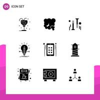 Group of 9 Modern Solid Glyphs Set for pencil solution pm creative hardware Editable Vector Design Elements