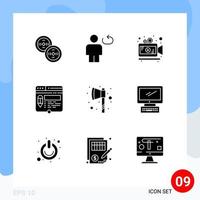 Group of 9 Solid Glyphs Signs and Symbols for hatchet pencil camera website layout Editable Vector Design Elements