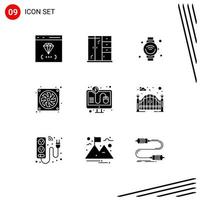 9 User Interface Solid Glyph Pack of modern Signs and Symbols of click fan smart watch computer wifi Editable Vector Design Elements