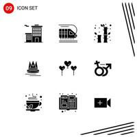 Modern Set of 9 Solid Glyphs Pictograph of gender balloon chinese heart education Editable Vector Design Elements