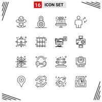 Estilo de línea de 16 iconos. símbolos de esquema creativos basados en cuadrículas para el diseño de sitios web. signos de icono de línea simple aislados en fondo blanco. 16 conjunto de iconos. vector