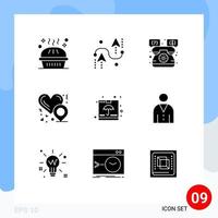 Modern Set of 9 Solid Glyphs Pictograph of box love development heart location support Editable Vector Design Elements