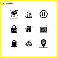 Set of 9 Vector Solid Glyphs on Grid for park swim suit light study lock Editable Vector Design Elements