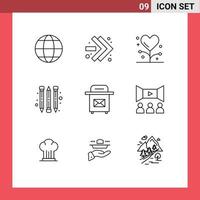 Modern Set of 9 Outlines Pictograph of cinema post fitness mail pencil Editable Vector Design Elements