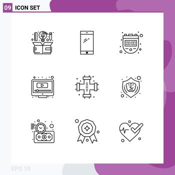 Set of 9 Vector Outlines on Grid for youtube play huawei computer timer Editable Vector Design Elements