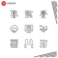 Pictogram Set of 9 Simple Outlines of computer co red carbone dioxide light bulb Editable Vector Design Elements