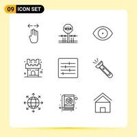 Group of 9 Modern Outlines Set for control castle occupation beach human Editable Vector Design Elements