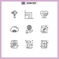 Mobile Interface Outline Set of 9 Pictograms of business hosting heart data cloud Editable Vector Design Elements