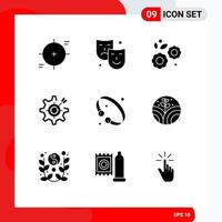 Group of 9 Solid Glyphs Signs and Symbols for target gear paint focus spring Editable Vector Design Elements