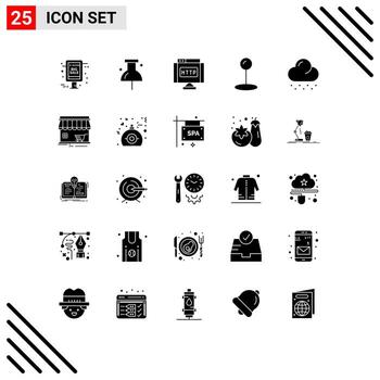 Mobile Interface Solid Glyph Set of 25 Pictograms of store weather http snow pin Editable Vector Design Elements