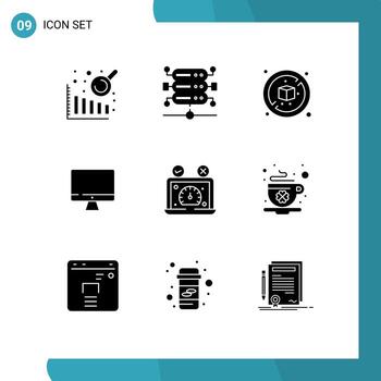 Mobile Interface Solid Glyph Set of 9 Pictograms of coffee speedometer computer performance speed test Editable Vector Design Elements