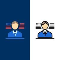 Man American Flag  Icons Flat and Line Filled Icon Set Vector Blue Background