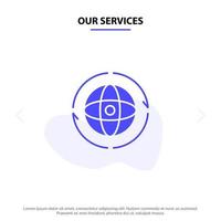 nuestros servicios globo mundo tierra átomo conectar glifo sólido icono plantilla de tarjeta web vector