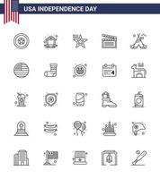 Group of 25 Lines Set for Independence day of United States of America such as camp tent free american usa movis Editable USA Day Vector Design Elements