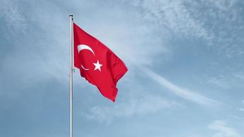 The flag of the Republic of Turkey flutters in the wind against a blue sky with clouds. Live 4k video, idea for background or intro video