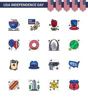 Paquete de 16 líneas planas llenas de EE. UU. De signos y símbolos del día de la independencia de los globos del día Sombrero estadounidense de EE. UU. Elementos de diseño vectorial editables del día de EE. UU. vector