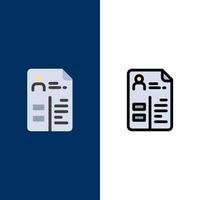 currículum cv cartera de trabajo iconos planos y llenos de línea conjunto de iconos vector fondo azul