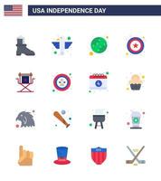 Group of 16 Flats Set for Independence day of United States of America such as movies chair american sign police Editable USA Day Vector Design Elements
