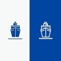 línea de barco de transporte de barco y glifo icono sólido bandera azul vector