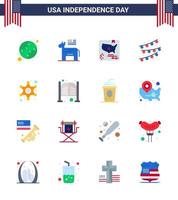 Modern Set of 16 Flats and symbols on USA Independence Day such as star men american party bulb buntings Editable USA Day Vector Design Elements