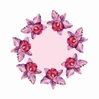 Orchid wreath, round frame. Pink Floral design template with watercolor orchid flowers. Vector watercolors illustration