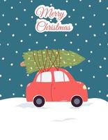 Merry Christmas greeting card in cartoon flat style. Hand drawn vector illustration with red car and Christmas tree on a snowy background