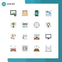 paquete de 16 signos y símbolos de colores planos modernos para medios de impresión web, como bombillas, contaminación de aguas residuales móviles, paquete editable de elementos de diseño de vectores creativos
