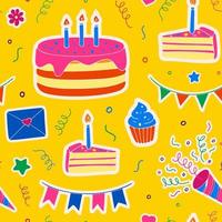 Seamless pattern for birthday with cakes. Vector colorful festive background with cakes, candles, cupcakes and confetti. Good for wrapping paper, wallpapers, fabric print and cover.