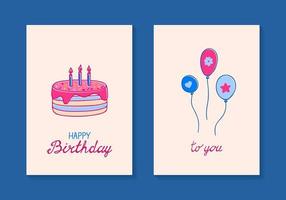 juego de dos tarjetas de felicitación de cumpleaños. ilustración vectorial dibujada a mano de pastel con velas y globos. vector