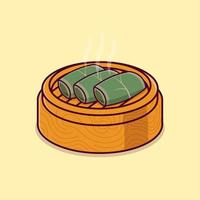 arroz de hoja de loto al vapor en una cesta de vapor de bambú aislado vector de dibujos animados