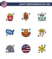 Flat Filled Line Pack of 9 USA Independence Day Symbols of cap usa building united map Editable USA Day Vector Design Elements