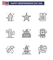 USA Happy Independence DayPictogram Set of 9 Simple Lines of house place declaration american usa Editable USA Day Vector Design Elements