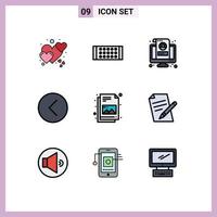 User Interface Pack of 9 Basic Filledline Flat Colors of document multimedia lcd media player back Editable Vector Design Elements