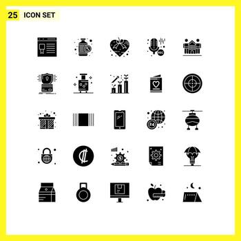 Set of 25 Vector Solid Glyphs on Grid for recording microphone rx mic valentine Editable Vector Design Elements