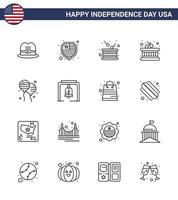 4th July USA Happy Independence Day Icon Symbols Group of 16 Modern Lines of american bloons holiday bloon instrument Editable USA Day Vector Design Elements