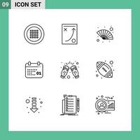 Mobile Interface Outline Set of 9 Pictograms of celebrate date tactic calendar wind Editable Vector Design Elements