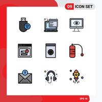 Pack of 9 Modern Filledline Flat Colors Signs and Symbols for Web Print Media such as mail browser programming watch surveillance Editable Vector Design Elements