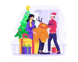 A Mother gives a stuffed reindeer as a gift to her Son to celebrate Christmas and the New year's Winter Holiday. Vector illustration in flat style