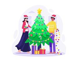 The couple is decorating a Christmas tree together at Home. Merry Christmas and Happy New Year. Vector illustration in flat style