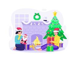 dos niños pequeños están abriendo regalos de navidad cerca de una cálida y acogedora chimenea y un árbol de navidad. Feliz navidad y próspero año nuevo. ilustración vectorial en estilo plano vector