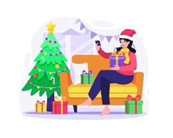 mujer joven feliz sentada en el sofá con un teléfono inteligente comprando regalos en línea. concepto de compras en línea de navidad y año nuevo. ilustración vectorial en estilo plano vector