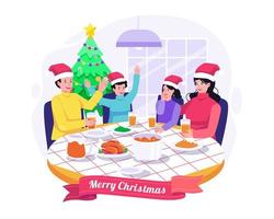 Christmas Family Dinner At Home. Parents and children sitting at a table with Christmas food celebrate Christmas and New Year Winter Holiday. Vector illustration in flat style