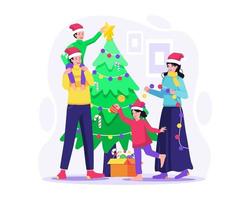 Happy Family decorating a Christmas tree together at Home. Mother, Father, and children preparing for winter holidays. Vector illustration in flat style