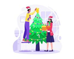 The couple is decorating a Christmas tree together at Home. A man is putting a star on the Christmas tree and a woman is bringing a box of decorations. Vector illustration in flat style