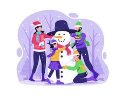 familia feliz divirtiéndose en la celebración navideña. madre padre y sus hijos están construyendo un muñeco de nieve al aire libre en invierno. ilustración vectorial en estilo plano vector