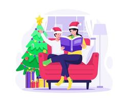 Mother is reading a fairy tale book to her son at home. sitting on the sofa and near the Christmas tree. Vector illustration in flat style